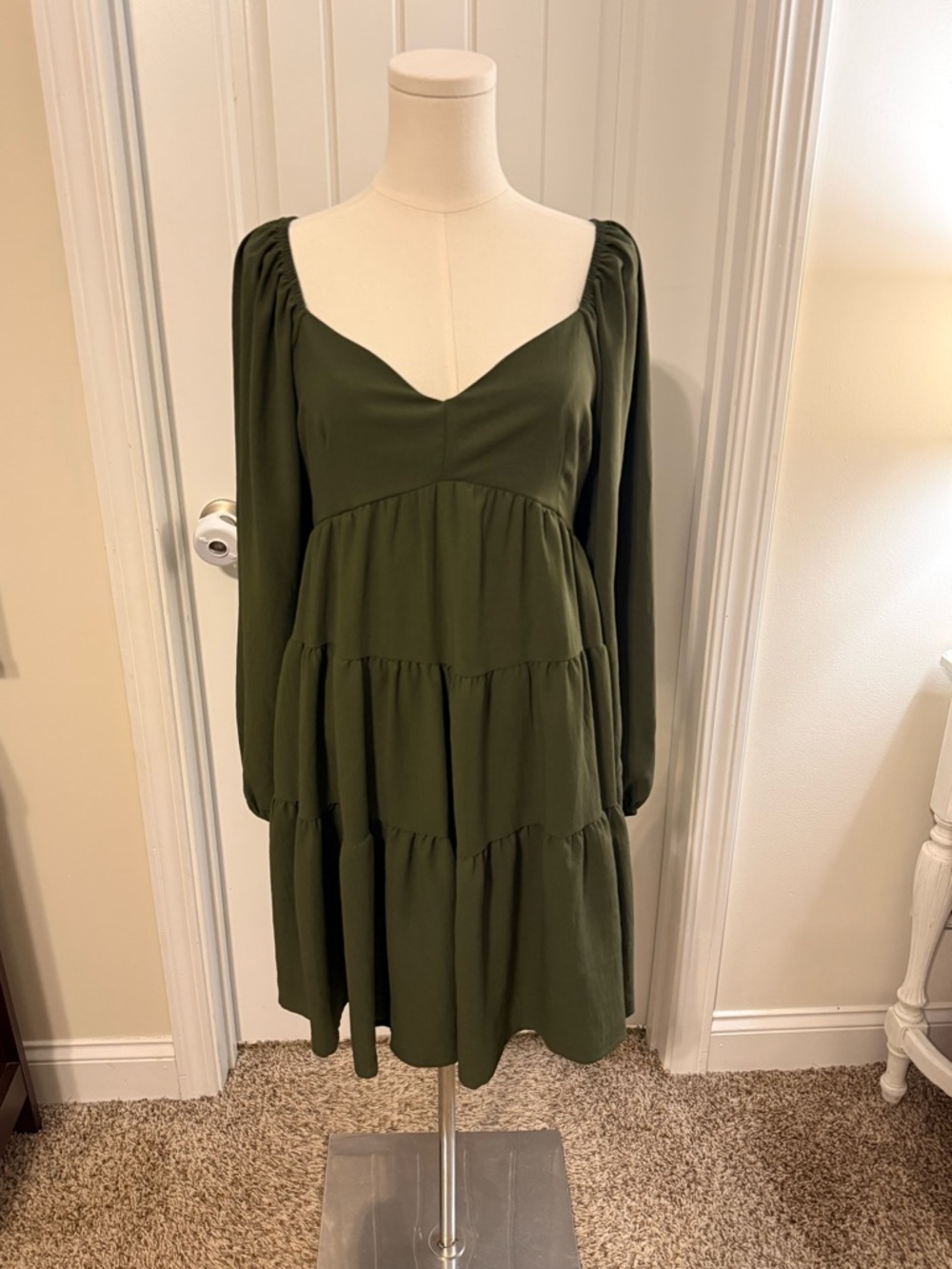 Altar'd State Olive Green Tiered Long-Sleeve Babydoll Dress